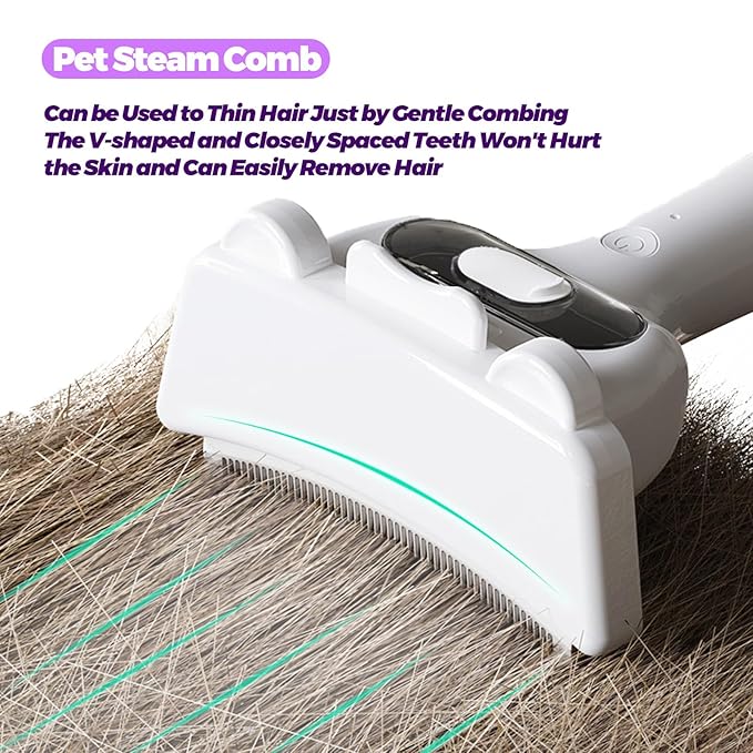 3 in-1 Cat & Dog Steam Comb for Long Short Hair for Any Size Cat & Dog Hair Removal & Shedding, Two Spray Mode with USB, Brush Haired Release Button - Include “2” Waterless Shampoo(White)