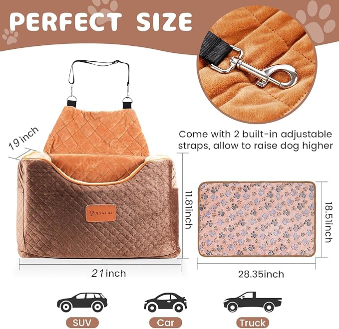 AlfaTok Memory Foam Booster Dog Car Seat with Washable Removable Cover, Elevated Pet Car Seat, Anti-Slip Sturdy Booster Seats for Small Dogs 35lbs, Seat Belt, Storage Pocket, Dog Blankets