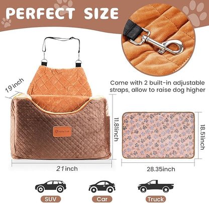 AlfaTok Memory Foam Booster Dog Car Seat with Washable Removable Cover, Elevated Pet Car Seat, Anti-Slip Sturdy Booster Seats for Small Dogs 35lbs, Seat Belt, Storage Pocket, Dog Blankets