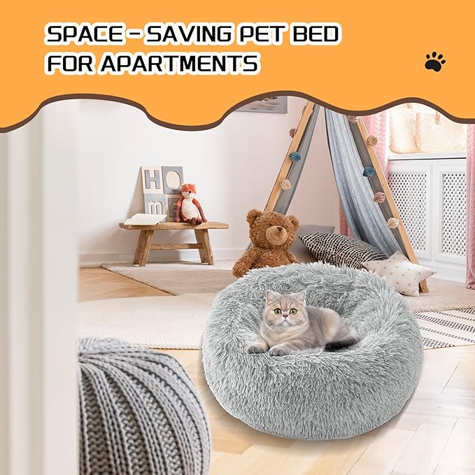 Comfort Donut Dog Bed for Small Dogs, Cat Bed & Pet Bed for Indoor Use, Medium Size with Soft Plush, Round Dog Beds for Large Dogs and Cats (Light Gray, 20''Lx20''Wx8''Th)