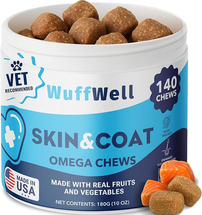WuffWell Omega 3 Fish Oil for Dogs Chews – Skin and Coat Supplement with Salmon Oil for Dogs – Allergy & Itch Relief, Dog Shedding and Dry Skin Support – Vet Approved – Made in USA – 140 Soft Chews