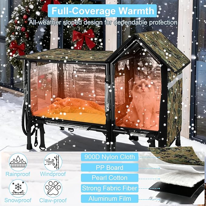 Xosody Heated Cat House for Outside Cats- 100% Weatherproof Insulated Outdoor Cat House with Heating Pad, Elevated Base & Safe Escape Door, Warm Kitty Shelter for Feral or Stray Cats in Winter