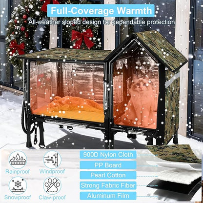 Xosody Heated Cat House for Outside Cats- 100% Weatherproof Insulated Outdoor Cat House with Heating Pad, Elevated Base & Safe Escape Door, Warm Kitty Shelter for Feral or Stray Cats in Winter