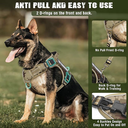 MOOGROU Tactical Dog Harness and Leash Set for Large Dogs,Heavy Duty No Pull Service Dog Vest and 10 Patches with Dog Seat Belt,Reflective Adjustable Pet Harness for Training Walking Hiking Brown XL