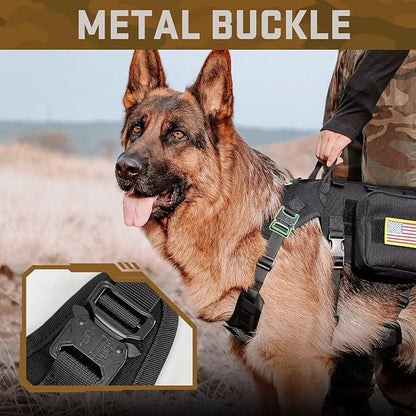 Forestpaw Tactical Dog Harness for Large Dogs,Tactical Dog Collar with Bungee Leash Set,No Pull Military Dog Harness for Walking Training,Adjustable for Medium Large Dogs,Black,Chest 15.5-25.5"