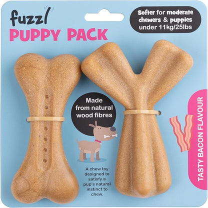 Fuzzl Puppy & Small Dog Chew Toy Tasty Bacon Flavour Twin Pack - Bone and Wishbone - Soft and Durable Chew Toys for Puppies and Small Dogs