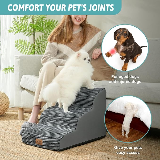Dog Stairs for Small Dogs 15.7" H, Curved Dog Step for Puppy, Older Cat, Medium Pet Ramp for Sofa, Couch or Chair, Ladder with High Density Foam, 3 Step, 15.7x22.4x15.7 inch, Charcoal Grey