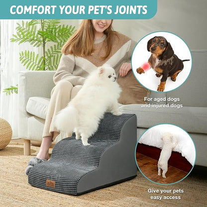 Dog Stairs for Small Dogs 15.7" H, Curved Dog Step for Puppy, Older Cat, Medium Pet Ramp for Sofa, Couch or Chair, Ladder with High Density Foam, 3 Step, 15.7x22.4x15.7 inch, Charcoal Grey