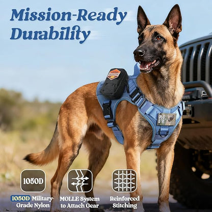 rabbitgoo Tactical Dog Harness for Large Dogs, No Pull Upgraded Reflective Heavy Duty Molle Vest with Handle, Adjustable Military Service Dog Vest for Walking Hiking Training, Blue, L