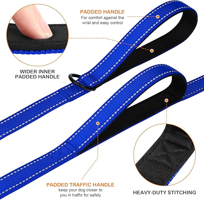 Joytale Dog Leash Heavy Duty for Large Dogs That Pull, Double Handle for Traffic Control, Double-Sided Reflective Leashes for Large Medium Dogs Night Safety, 4FT, Royal Blue