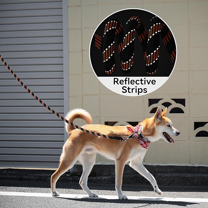 Mile High Life Reflective Dog Leash, with Comfortable Padded Handle, Black Nylon Rope Leash with Steel Tips, Heavy Duty 4 Feet Pet Leashes (Black Orange,48 Inches)