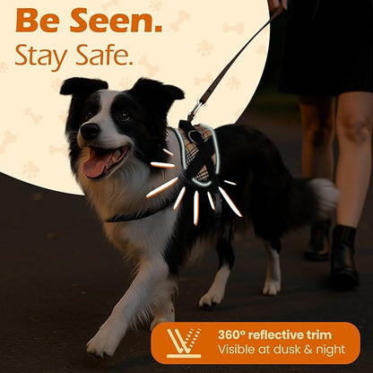 Bark Appeal Tan Plaid No-Pull Dog Harness for Small to Medium Sized Pets – Adjustable, Reflective Vest with 3 Leash Clips for Added Control, Easy Walks & Training – Medium