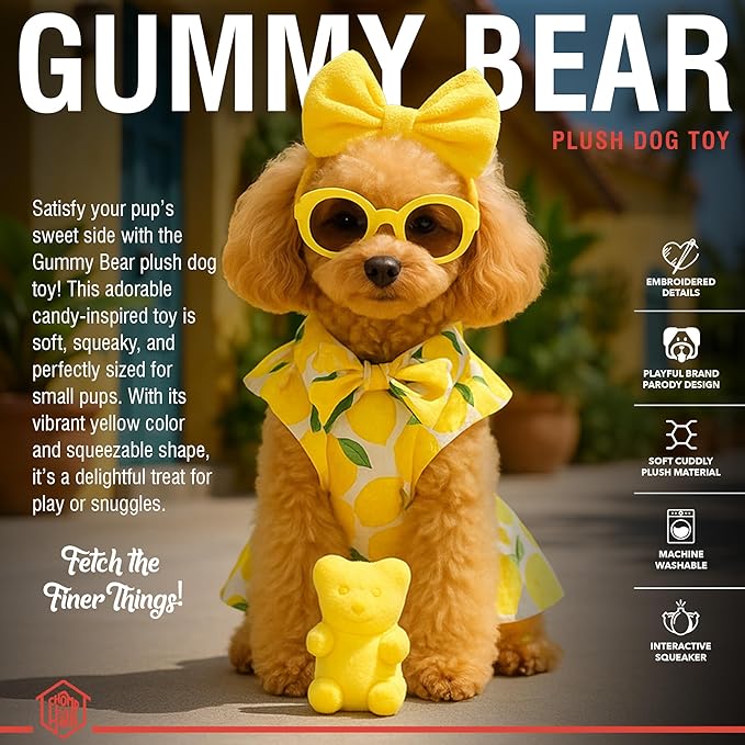 Chomp Haus Gummy Bear – Luxurious Plush Dog Toy with Squeaker, Premium Fabric, Embroidered Details, Designer-Inspired Chew Toy, Fun Gift for Small to Medium Dogs & Dog Lovers