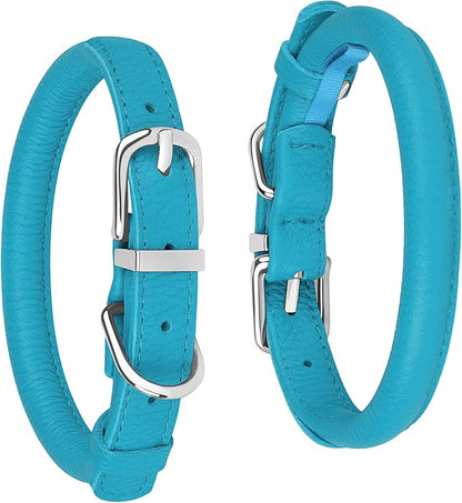 OOPSDOGGY Rolled Leather Dog Collar Soft Roll Collars for Small Medium Large Dogs Puppy (Blue, L, 14"-18")
