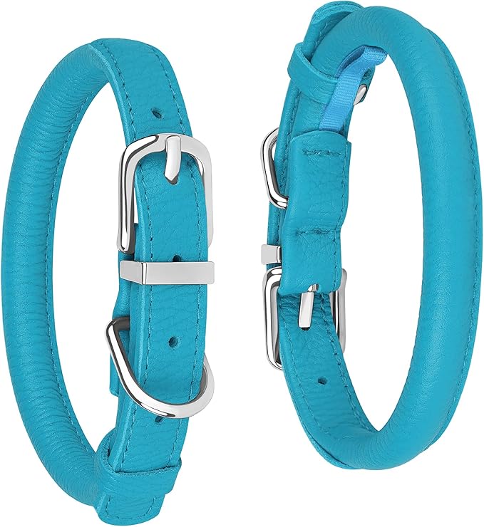 OOPSDOGGY Rolled Leather Dog Collar Soft Roll Collars for Small Medium Large Dogs Puppy (Blue, XXS, 7"-9")