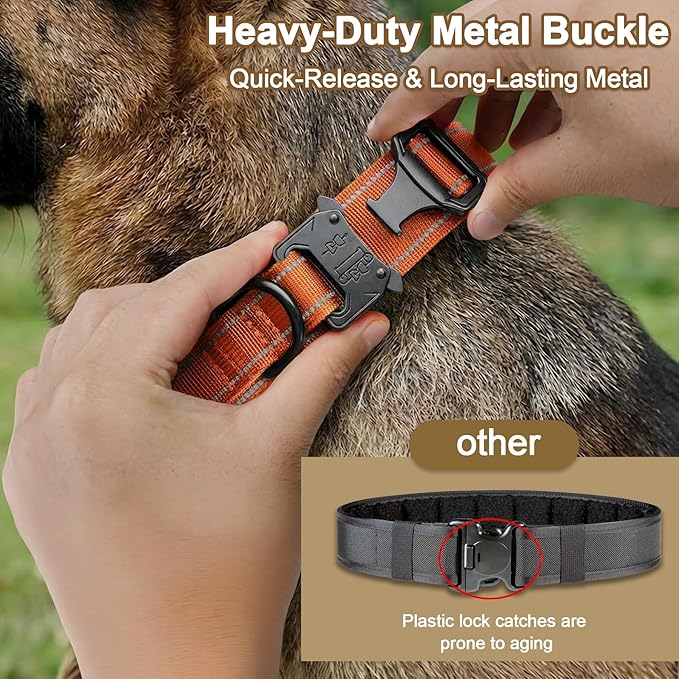 KCUCOP Tactical Dog Collar for Medium & Large Dogs - Military Nylon Heavy Duty Collar with Handle, Reflective Strip & Metal Buckle for Training, Outdoor (Orange Reflective, Medium)