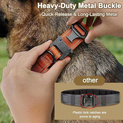 KCUCOP Tactical Dog Collar for Medium & Large Dogs - Military Nylon Heavy Duty Collar with Handle, Reflective Strip & Metal Buckle for Training, Outdoor (Orange Reflective, XLarge)