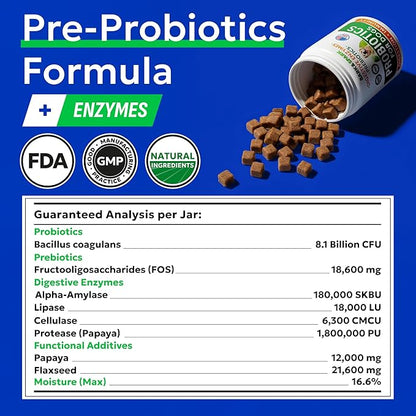 BARK&SPARK Dog Probiotics & Digestive Enzymes (Gut Health) Allergy & Itchy Skin - Pet Diarrhea Gas Treatment Upset Stomach Relief, Digestion Health Prebiotic Supplement Tummy Treat (180Ct Chicken)