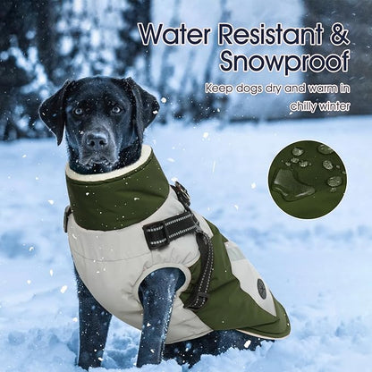 IECOii Dog Jacket Winter Harness Built in -Green,XXXLarge- Zip Up Dog Coat Winter Clothes for Large Dogs Waterproof, Dogs Snowsuit Snow Jacket D-Rring Labrador German Shepherd Doberman Rottweiler
