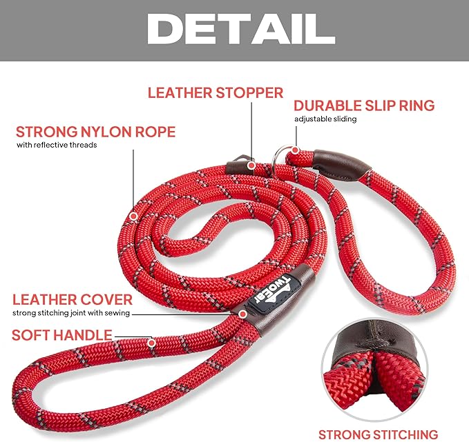 TwoEar 6FT Slip Lead Dog Leash, Heavy Duty Slip Leash for Dogs with Highly Reflective, Strong Rope Slip Leads No Pull Pet Training Leashes for Large Medium Dogs (1/2", Red)