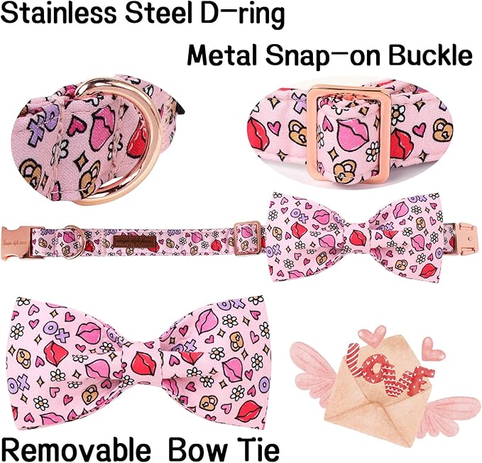 Unique style paws Valentine's Day Dog Collar with Bow Tie XO Red Lips Puppy Collar Best Gift for Small Medium Large Boys Girls-L