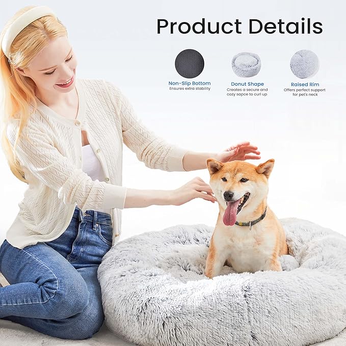NEWBULIG 30.7x30.7 Inch Dog Bed Large Sized Dog, Donut Shape Cat Beds for Indoor Cats with Washable, Anti-Slip, Faux Fur