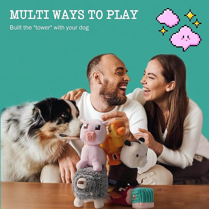 5 PC Pixel Style Dog Toy Plushies, Squeaky Dog Toys Crinkle Plush Stuffed Dog Chew Toy for Small Medium Large Breeds, Christmas Dog Toys Stocking Stuffers
