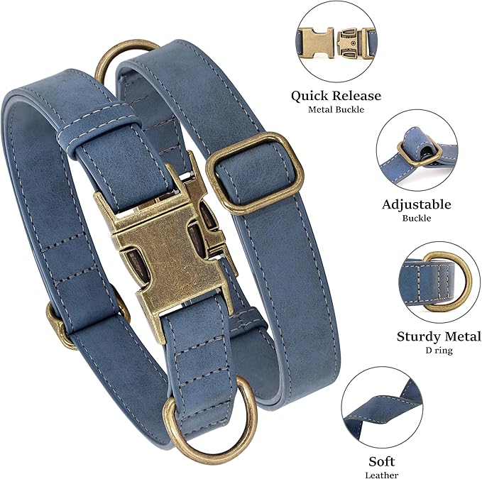 Didog Soft PU Leather Dog Collar, Stylish Quick Released Dog Collars for Large Dogs, Easy Clean Adjustable Pet Collar for Daily Walking, Blue, XL Fit 17-27" Neck