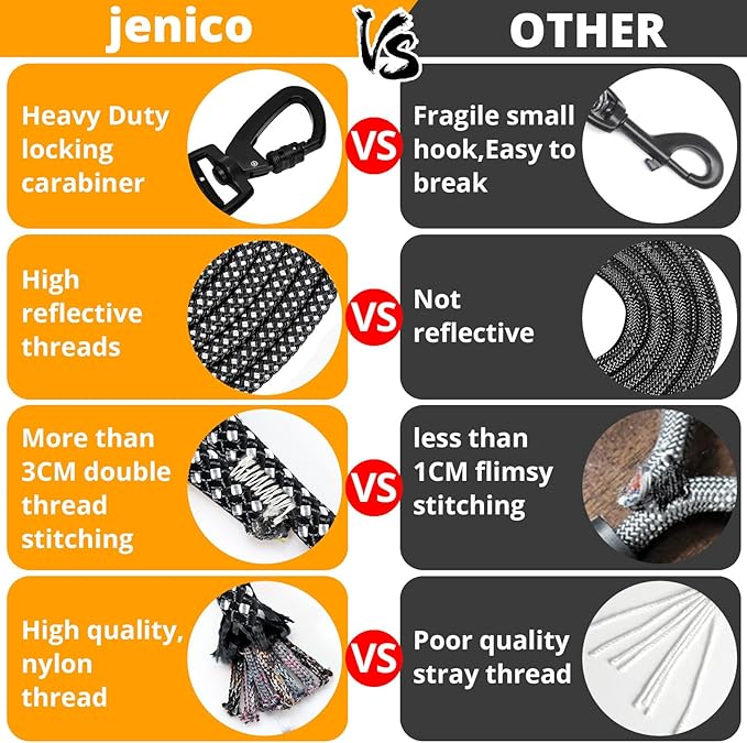 jenico Long Dog Leash 20FT: Heavy Duty Rope Leashes for Dogs Training with Swivel Lockable Hook Reflective Threads Bungee and Padded Handle - Dog Lead for Large Small Medium Dogs Outside Walking