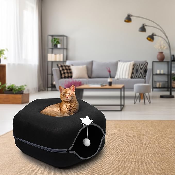 Meow Mansion Hexagon Cat Cave Donut Bed - for Medium and Small Size Cats - 3 Toy Balls & Hanging Ball Included - Scratch Resistant, Detachable and Cleanable Heaxgon Bed