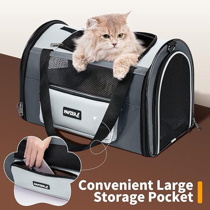 PAPZER Collapsible Small Pet Carrier for Cat 15 lbs with Fashion Pocket, Lightweight Sturdy Travel Carry Bag Little Puppy Dog, Breathable Stylish Kitten Soft Cage Kennel, 17.7x11.0x11.8 Inch Grey