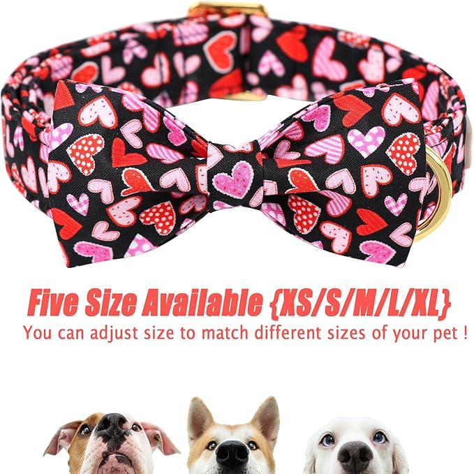 Valentines Dog Collar with Bow Tie,Colorful Love Heart Valentine Dog Collars with Safety Metal Buckle Adjustable Puppy Collars for Small Medium Large Boy & Girl Dogs XL