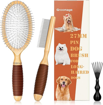GROOMAGE Dog Brush for Long Haired Dogs, 27mm Extra Long Metal Pin Dog Deshedding Brush and Comb Set, Short Haired Shedding Grooming Detail Pets Brush Set with Rubber Handle