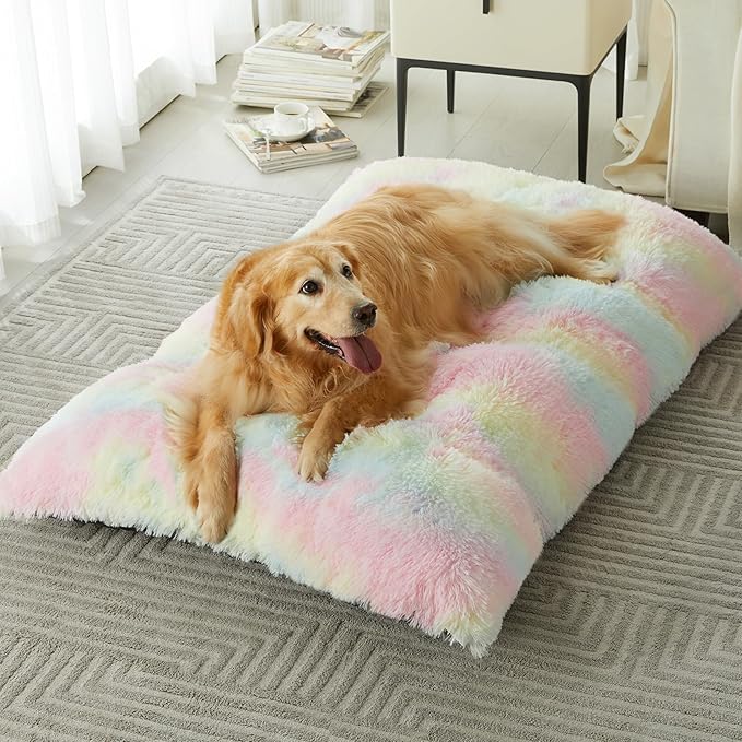 BFPETHOME Dog Beds for Large Dogs, Plush Dog Crate Bed Fluffy Cozy Kennel Pad for Sleeping &Ease Anxiety, Washable Pet Mats with Anti-Slip Bottom for Large Dogs, Rainbow
