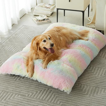 BFPETHOME Dog Beds for Large Dogs, Plush Dog Crate Bed Fluffy Cozy Kennel Pad for Sleeping &Ease Anxiety, Washable Pet Mats with Anti-Slip Bottom for Large Dogs, Rainbow