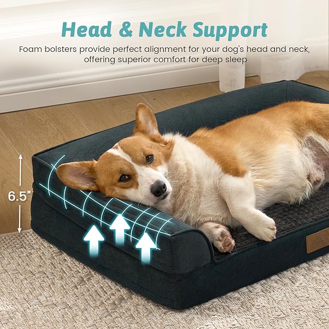 COZY KISS Orthopedic Large Dog Beds, Bolster Pet Couch with Waterproof Lining, Egg Crate Foam Sofa for Pets Up to 65 lbs, U-Shaped, 36x27x6.5 inch, Black