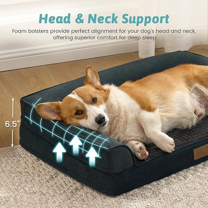 COZY KISS Orthopedic Large Dog Beds, Bolster Pet Couch with Waterproof Lining, Egg Crate Foam Sofa for Pets Up to 65 lbs, U-Shaped, 36x27x6.5 inch, Black
