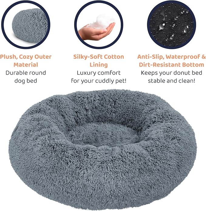 Donut Dog Bed - Premium Comfort for Anxiety Relief - Fluffy & Calming Design with Ultra-Plush Support | Cozy Round Dog Bed with Super Soft Circle Style (Dark Grey, Large)