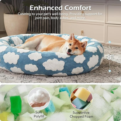 JOEJOY Donut Small Dog Bed, Round Cat Beds for Indoor Cats with Removable Washable Cover, Orthopedic Cute Puppy Kitten Pet Bed with Jacquard Shaggy Plush & Non Skid Bottom, Black