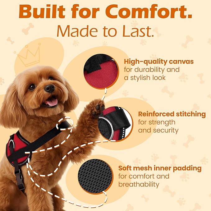 Bark Appeal Red No-Pull Dog Harness for Extra Small Sized Pets – Adjustable, Reflective Vest with 3 Leash Clips for Added Control, Easy Walks & Training – XS