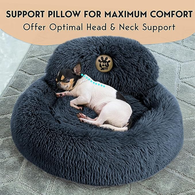 PetJett Calming Small Dog Bed - 23'' Round Dog Beds, Anti-Slip & Washable Puppy Bed - Super Soft Fluffy Plush Faux Fur Pet Bed, Anti-Anxiety Premium Comfort Donut Bed, Fits Dogs upto 25 lbs, Dark Gray
