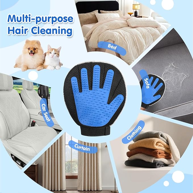 Pawaboo Pet Hair Removal Glove, Dual-Side Electrostatic Hair Removal & Silicone Fur Brush for Dogs and Cats, Reusable Five-Finger Pet Fur Grooming Glove for Couch Carpet Clothes Laundry, Blue & Grey