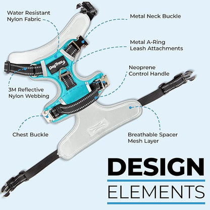 DogTraxs - Step-in Dog Harness - for Large Dogs - Soft Padding & Reflective Trim - Adjustable No Pull Through Design - Control Handle - Top & Front Clip Durable - Sky Blue