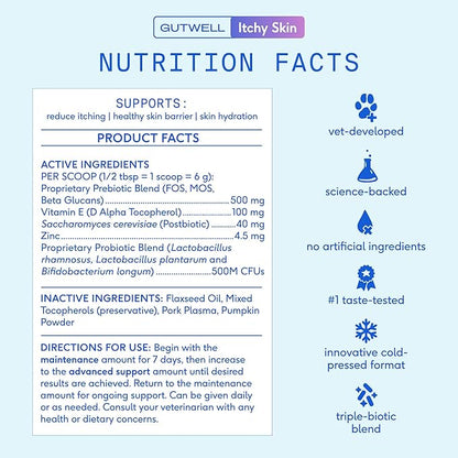 GutWell Itchy Skin - Dog Itching Skin Relief & Seasonal Allergy Itch Relief for Dogs - Promotes Skin Hydration, Elasticity & Healthy Barrier with Triple-biotic Blend, Zinc, & Vitamin E - 120 Scoops
