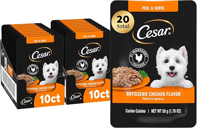 Cesar Filets in Gravy Wet Dog Food Rotisserie Chicken Flavor, Wet Food for Dogs, 1.76 oz. Mini-Pouches, 20 Count