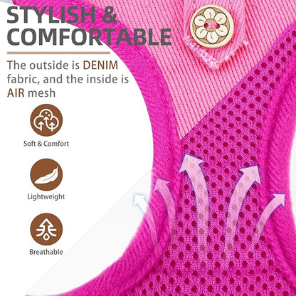 PUPTECK Dog Harness and Leash Set for Small Medium Dogs No Pull Step-in Soft Mesh Puppy Cat Vest Harnesses Reflective at Night, Denim Pink L