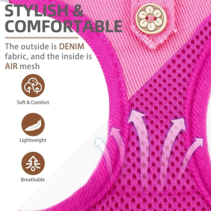 PUPTECK Dog Harness and Leash Set for Small Medium Dogs No Pull Step-in Soft Mesh Puppy Cat Vest Harnesses Reflective at Night, Denim Pink S