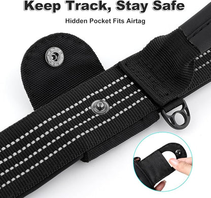 Plutus Pet Tactical Dog Collar with Tracker Pocket for AirTag, Adjustable Reflective Nylon Collar, Metal Buckle, Leather-Wrapped Handle, Soft Padded for Medium Large Dogs (Black, M)