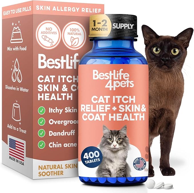 Cat Itchy Skin Relief & Hair Loss Treatment, Holistic Allergy Relief for Cats Calms Dry Skin, Dandruff & Reduces Licking, Scratching, Patchy, Matted and Shedding Fur, 400 Easy to Use Pills