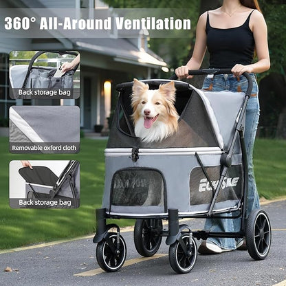 EchoSmile Dog Stroller for Large Dogs, 135lbs Weight Extra Large Pet Stroller, 4 Wheels Cats & Dogs Carrier with Brakes, Breathable Mesh Windows & Pocket, Gray